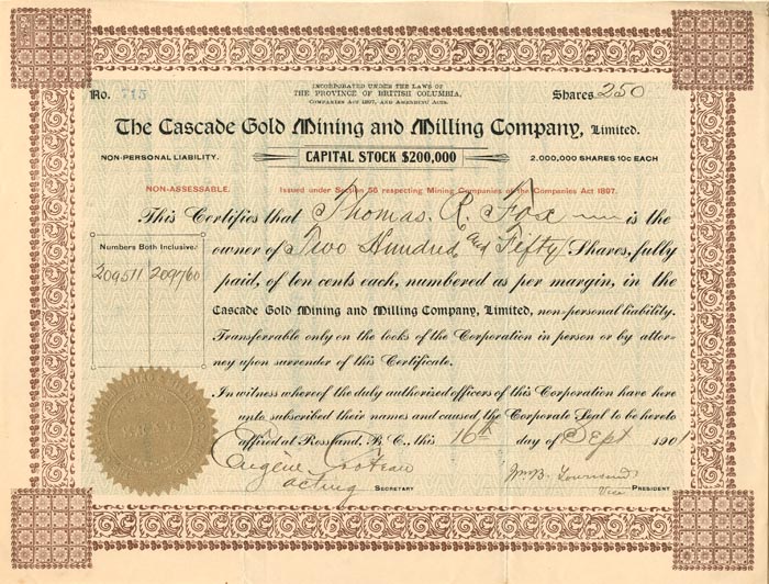 Cascade Gold Mining and Milling Co., Limited